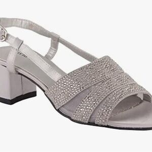 David Tate Silver Rhinestone T-Strap Block Heel Sandals.  Narrow width